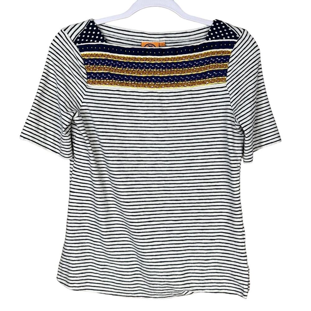 Tory Burch Striped Bateau Neck Top Short Sleeve Embroidered Beading Size Small